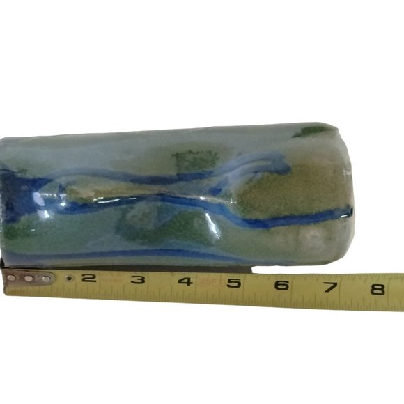 Artisan Blue Green Vase Rustic Primitive Drip Glaze - Picture 9 of 9